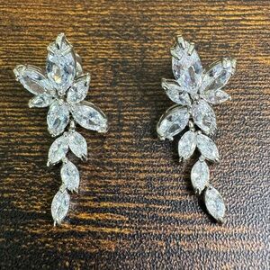 CZ Crystal Leaf Drop Earrings in Silver Tone Marquis Stones Post Back Dangle